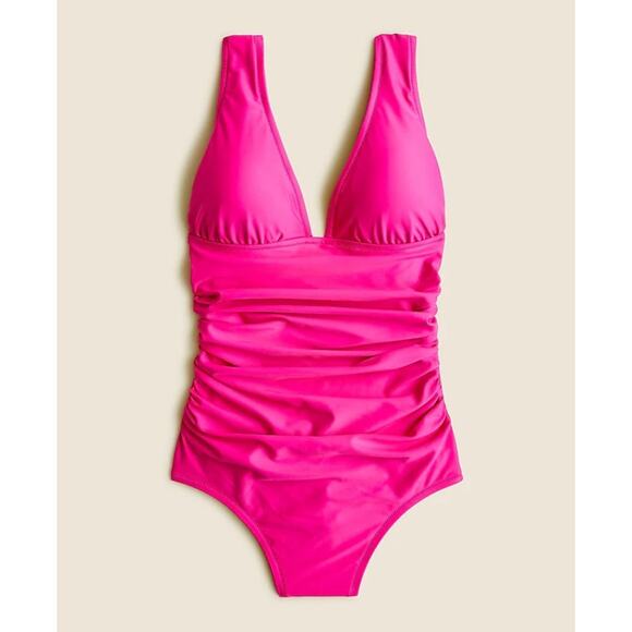 NWT Women's Ruched V-Neck One Piece by J. Crew, Radiant Fuchsia, Size 4 - Picture 1 of 1